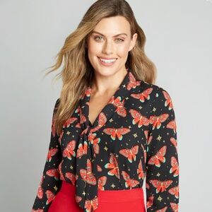 Pleasant Confidence Tie-Neck Top - Black Butterfly Blouse